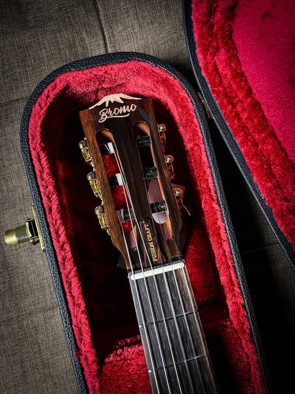 BROMO PUSION CRAFT HOLLOW BODY, NYLON STRINGS HYBRID PICK UP SYSTEM ROBUST MAHOGANY NECK ARCHED TOP HARD SHELL CASE