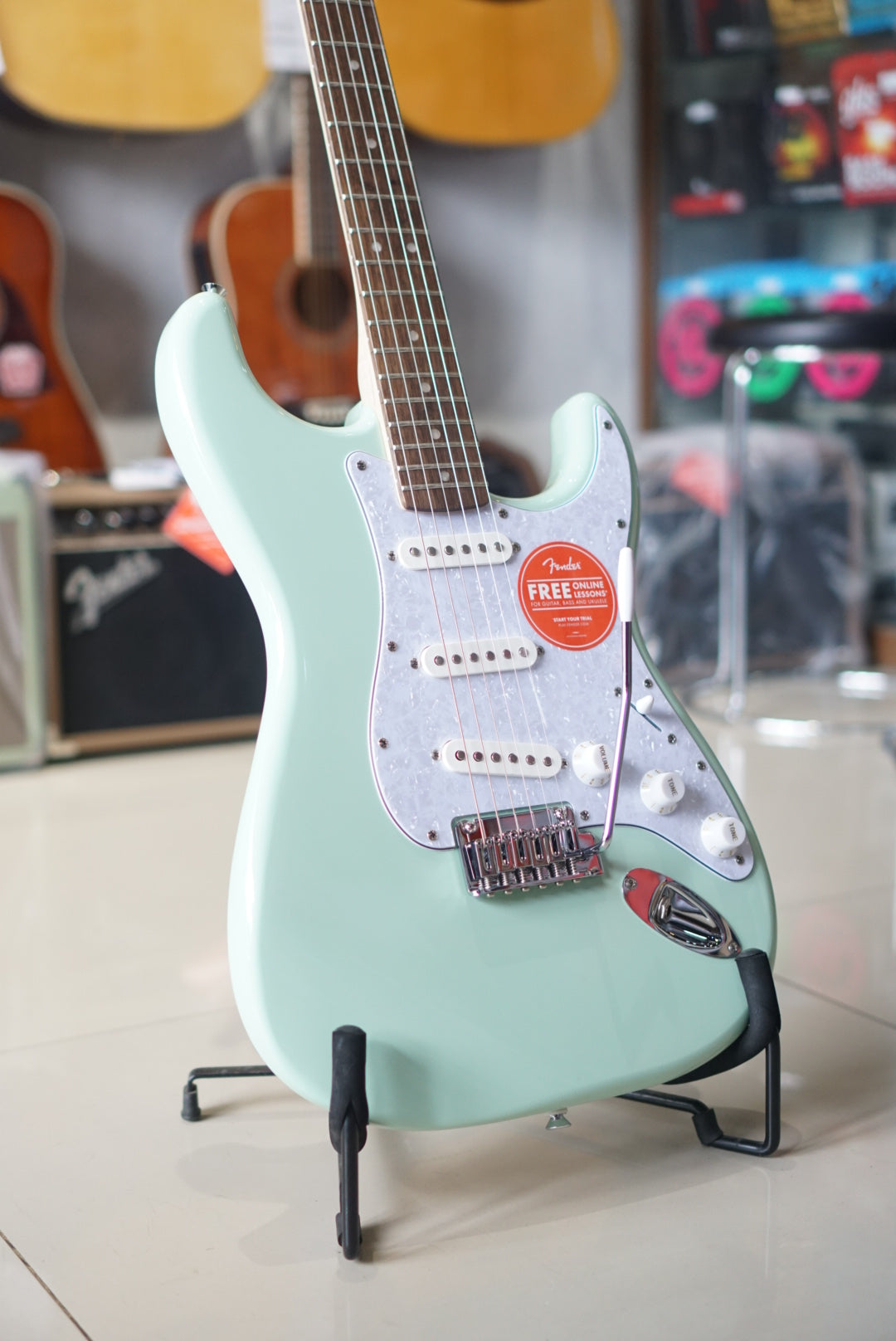 Squier FSR Affinity Series Stratocaster Guitar w/White Pearloid Pickguard, Laurel FB, Surf Green