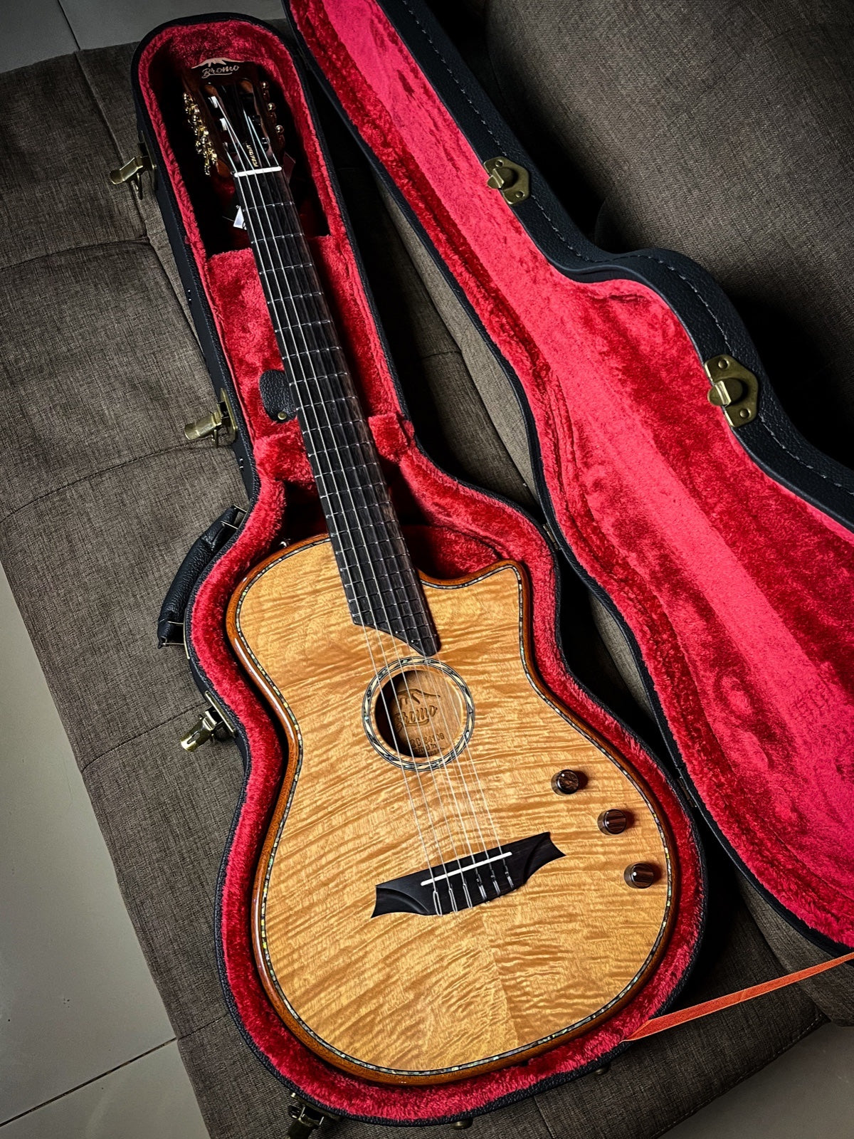 BROMO PUSION CRAFT HOLLOW BODY, NYLON STRINGS HYBRID PICK UP SYSTEM ROBUST MAHOGANY NECK ARCHED TOP HARD SHELL CASE