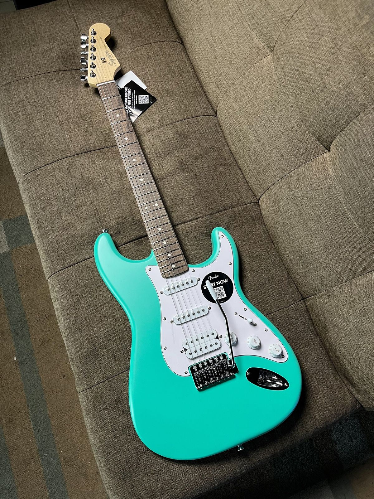 SQUIER DEBUT SERIES STRATOCASTER HSS ELECTRIC GUITAR, LAUREL FB, SEA FOAM GREEN