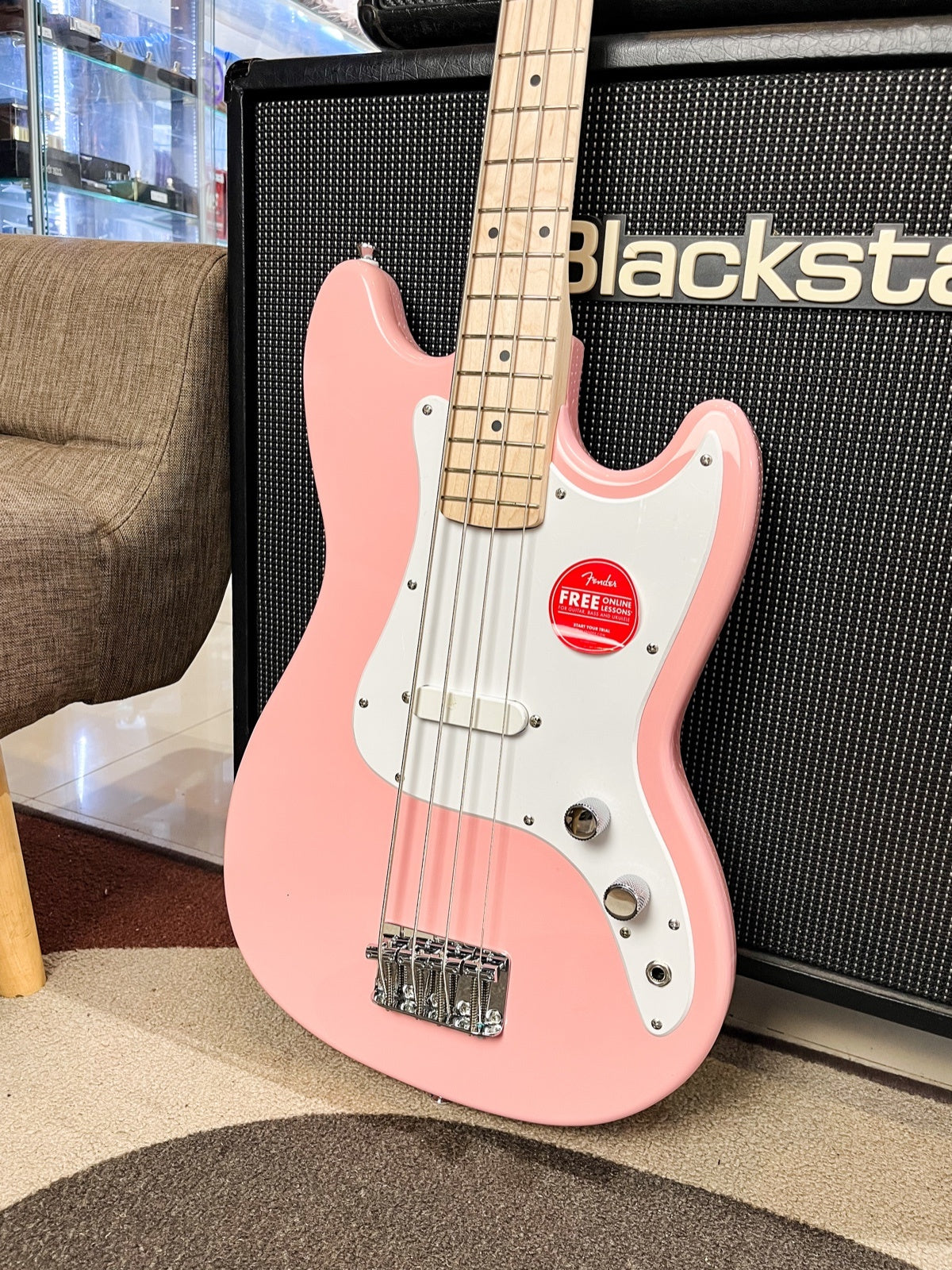 Squier FSR Sonic Bronco Bass Guitar, Maple FB, Shell Pink