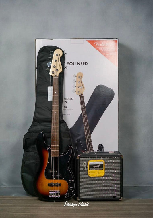 Squier Affinity Series PJ Bass Laurel FB 3 Color Sunburst Pack With Gigbag And Fender Rumble 15